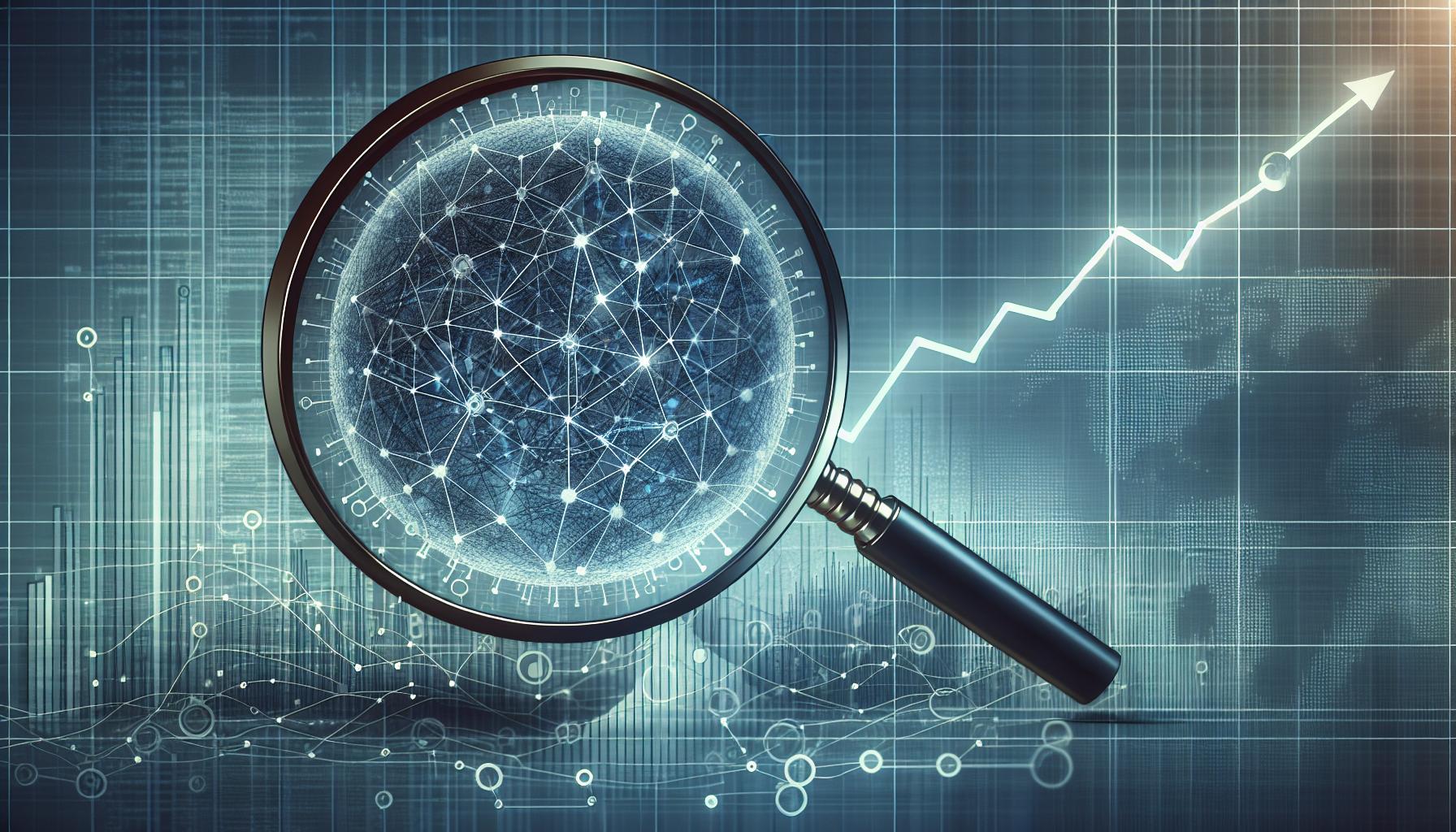 Digital illustration of a magnifying glass focusing on a network grid, with an upward trending graph line indicating growth or analysis, all set against a futuristic, data-driven background with digital numbers and circuit-like designs.