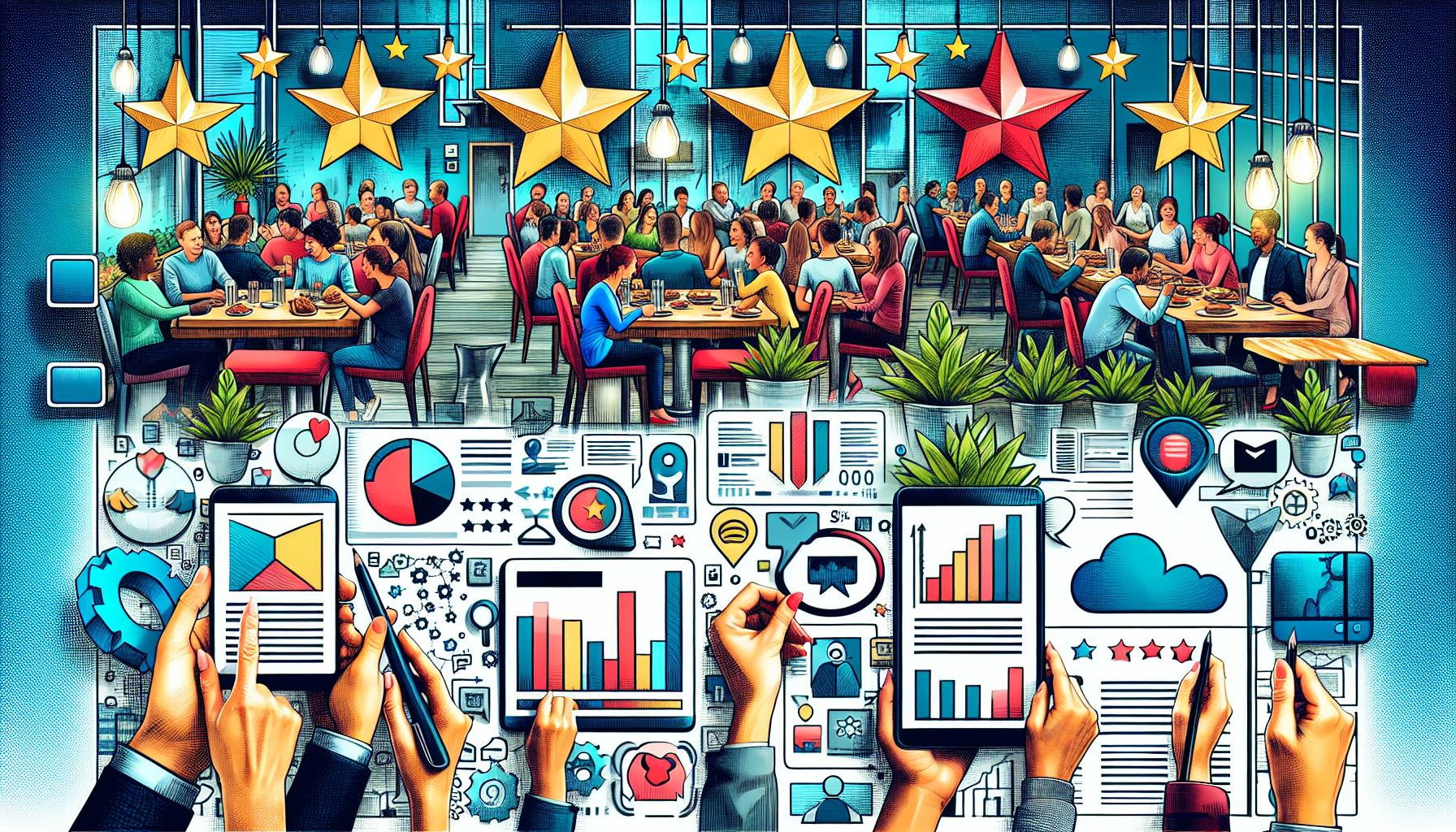 Vibrant illustration depicting a bustling café scene with customers dining at tables, framed by a foreground of hands holding smartphones and tablets displaying various charts and social media analytics, against a backdrop of large, star-shaped lights.