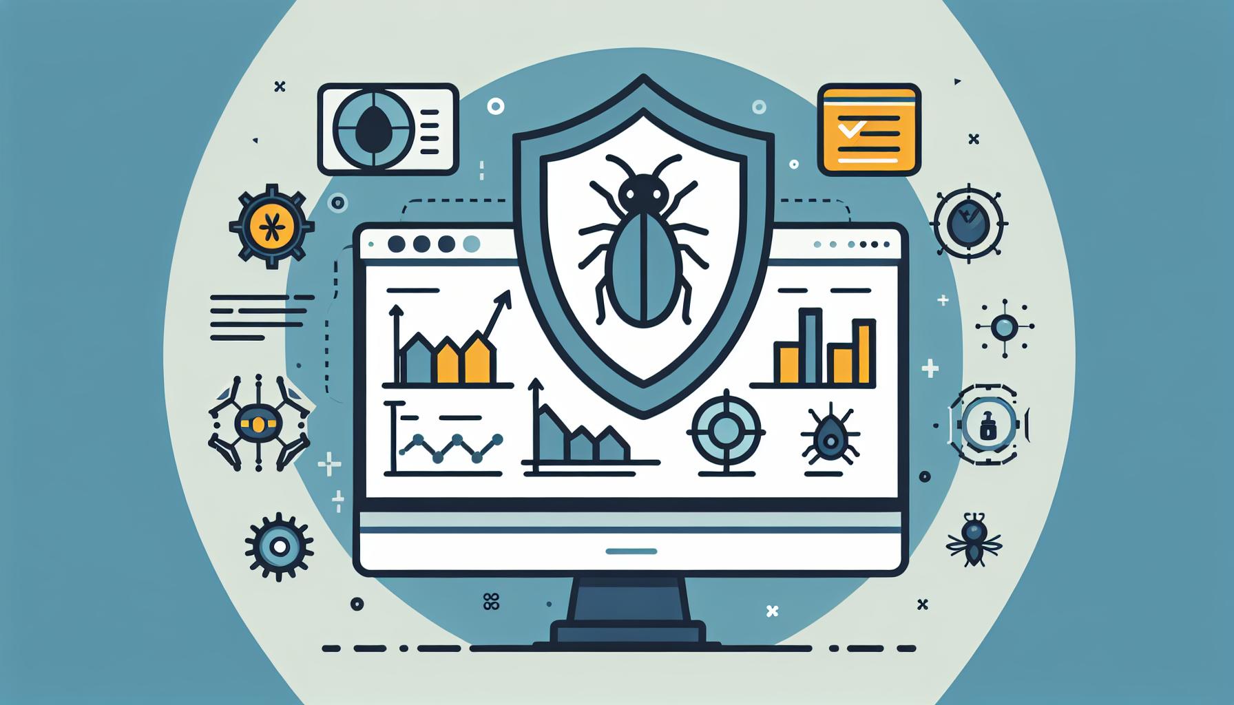 Stylized graphic of a computer monitor with a shield symbol containing a bug icon in the center, surrounded by various cybersecurity and analytics icons like gears, locks, graphs, and charts, set against a blue background.