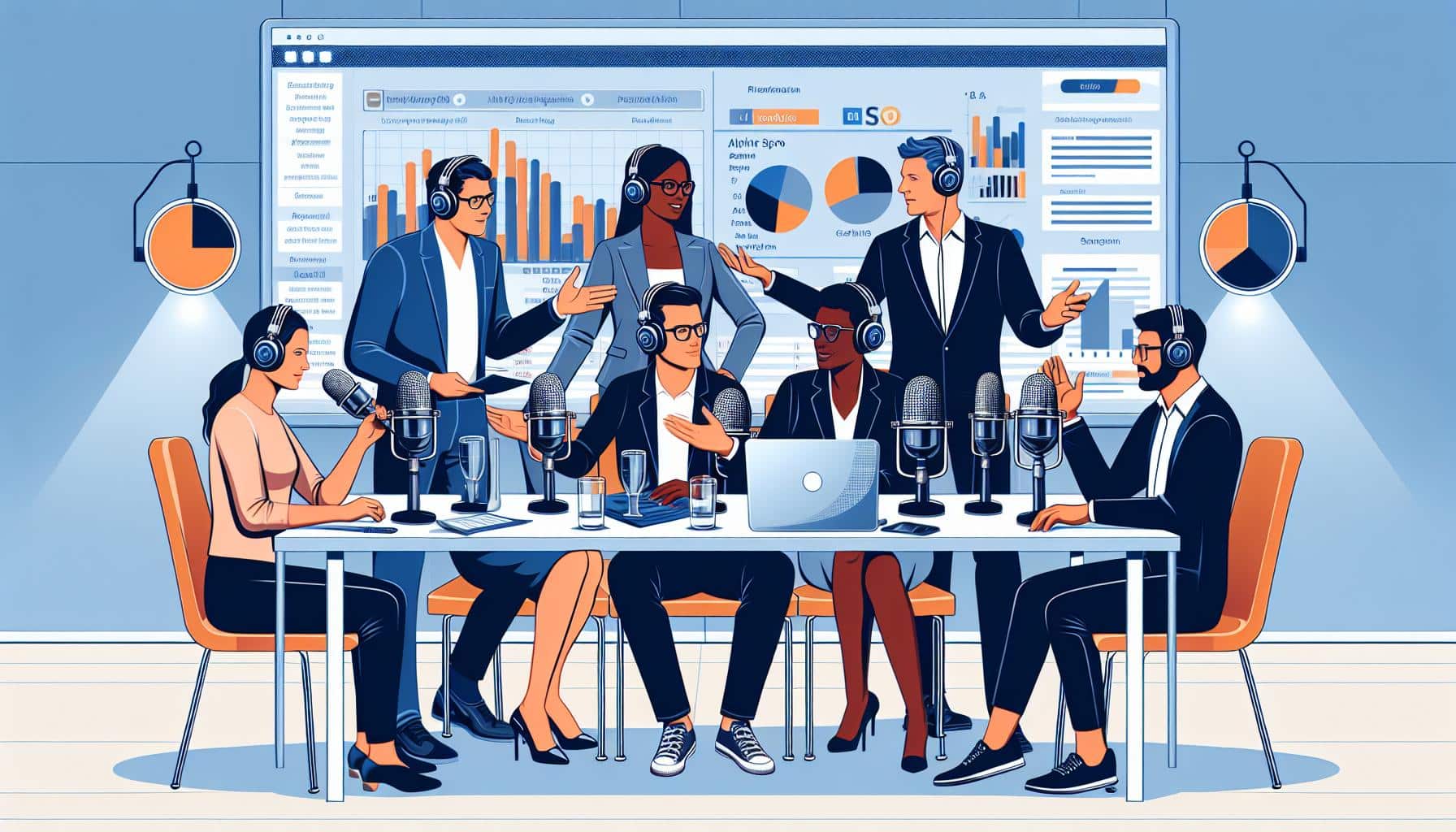 Illustration of six people around a podcasting table, each with microphones and wearing headphones. They are engaging in a discussion, with a large analytics dashboard displayed on the screen in the background, indicating a data-driven or business podcast theme