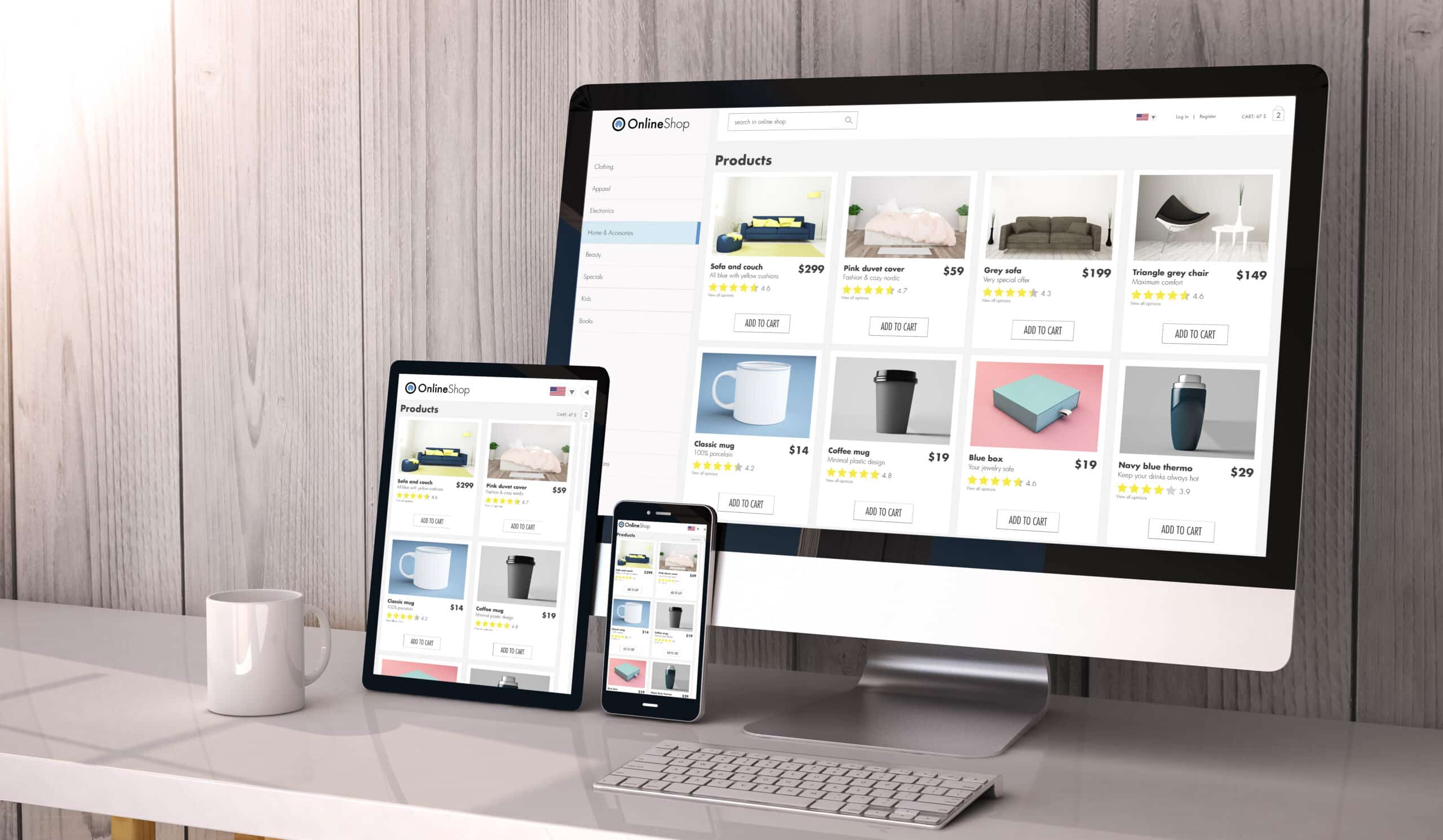 Effective E-commerce Website - devices responsive on workspace online shop website design