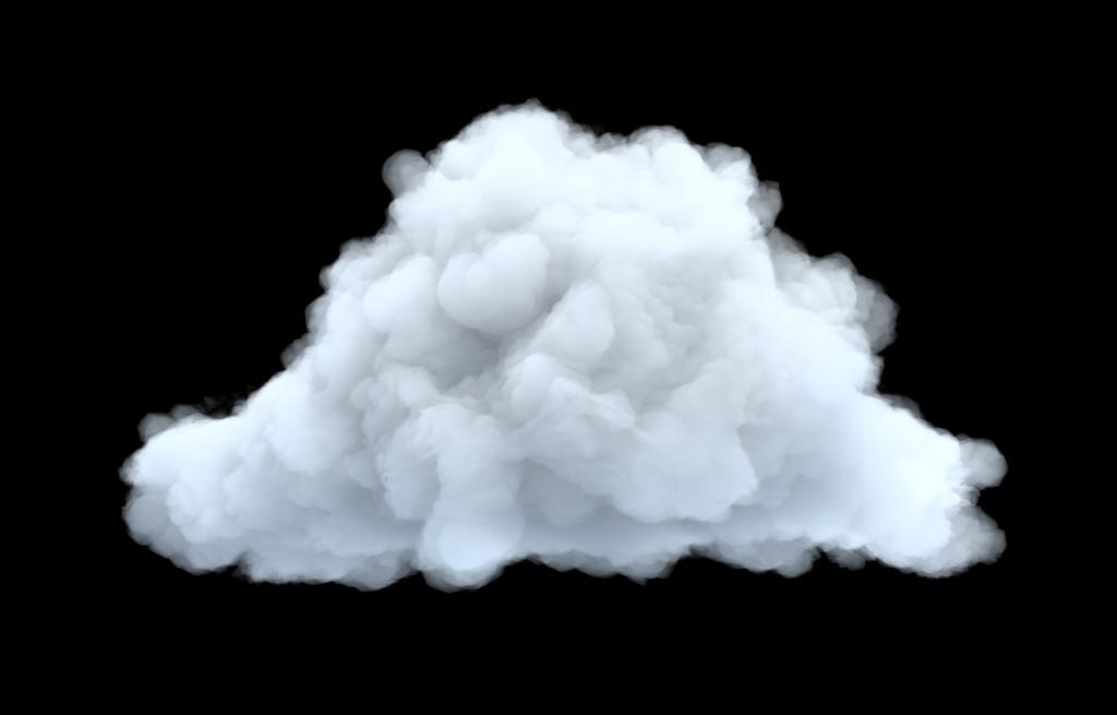 3d rendering of a white bulky cumulus cloud on a black background. Cloud computing.