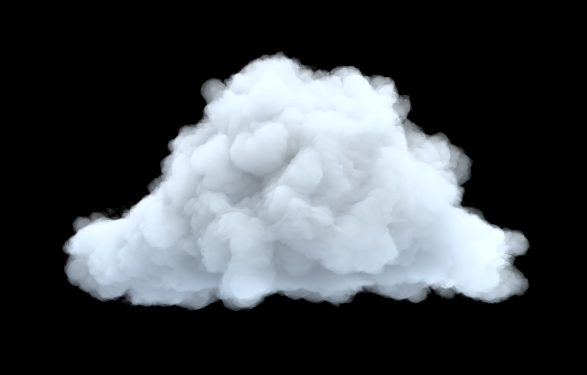 3d rendering of a white bulky cumulus cloud on a black background. Cloud computing.