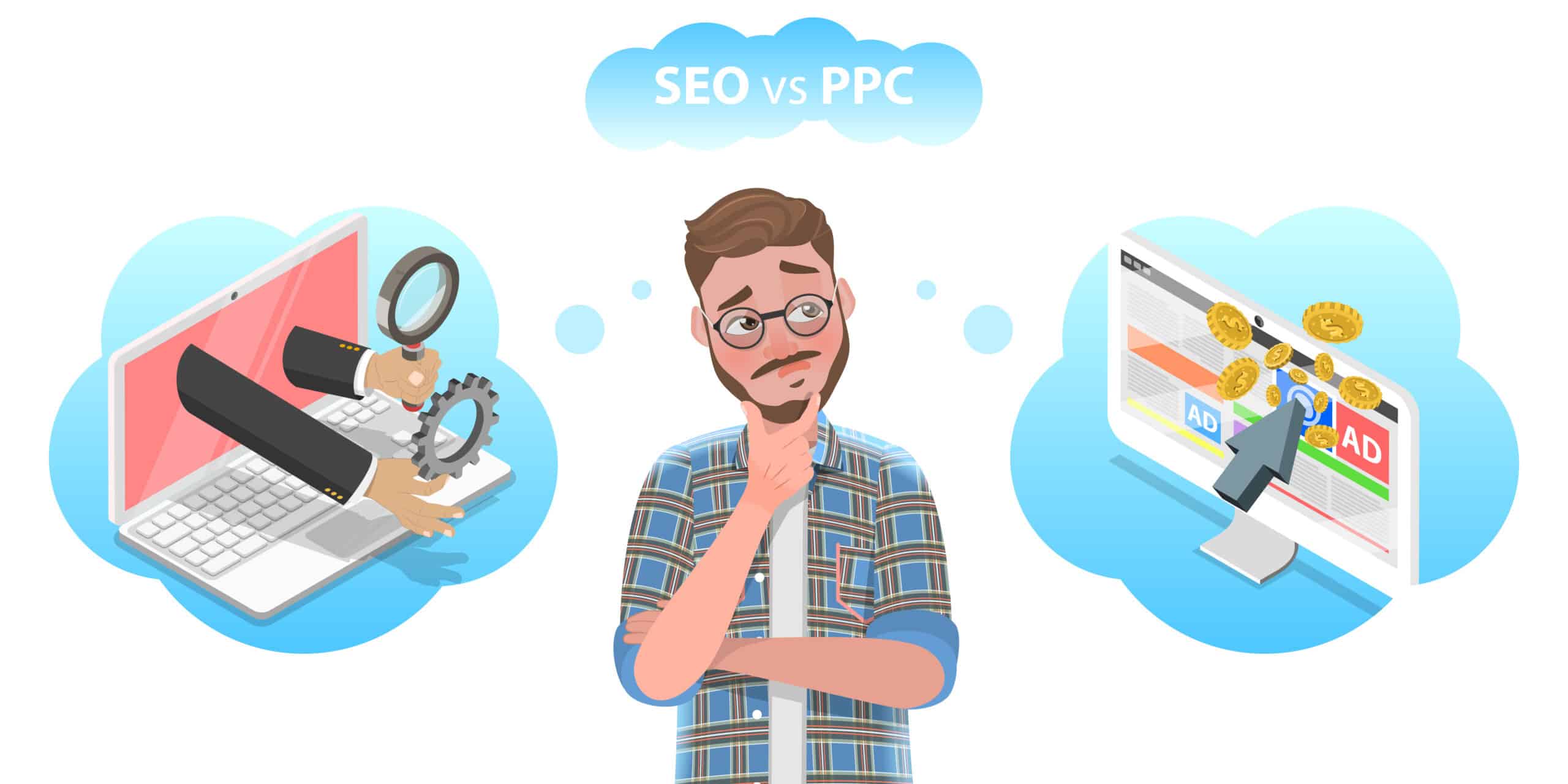 3D Isometric Flat Vector Conceptual Illustration of SEO vs PPC
