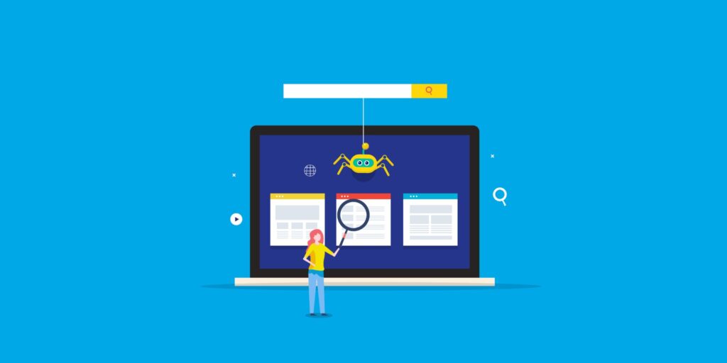 A cartoon image of a laptop and a crawler bot that looks liek a spider crawling various webpages to index them.