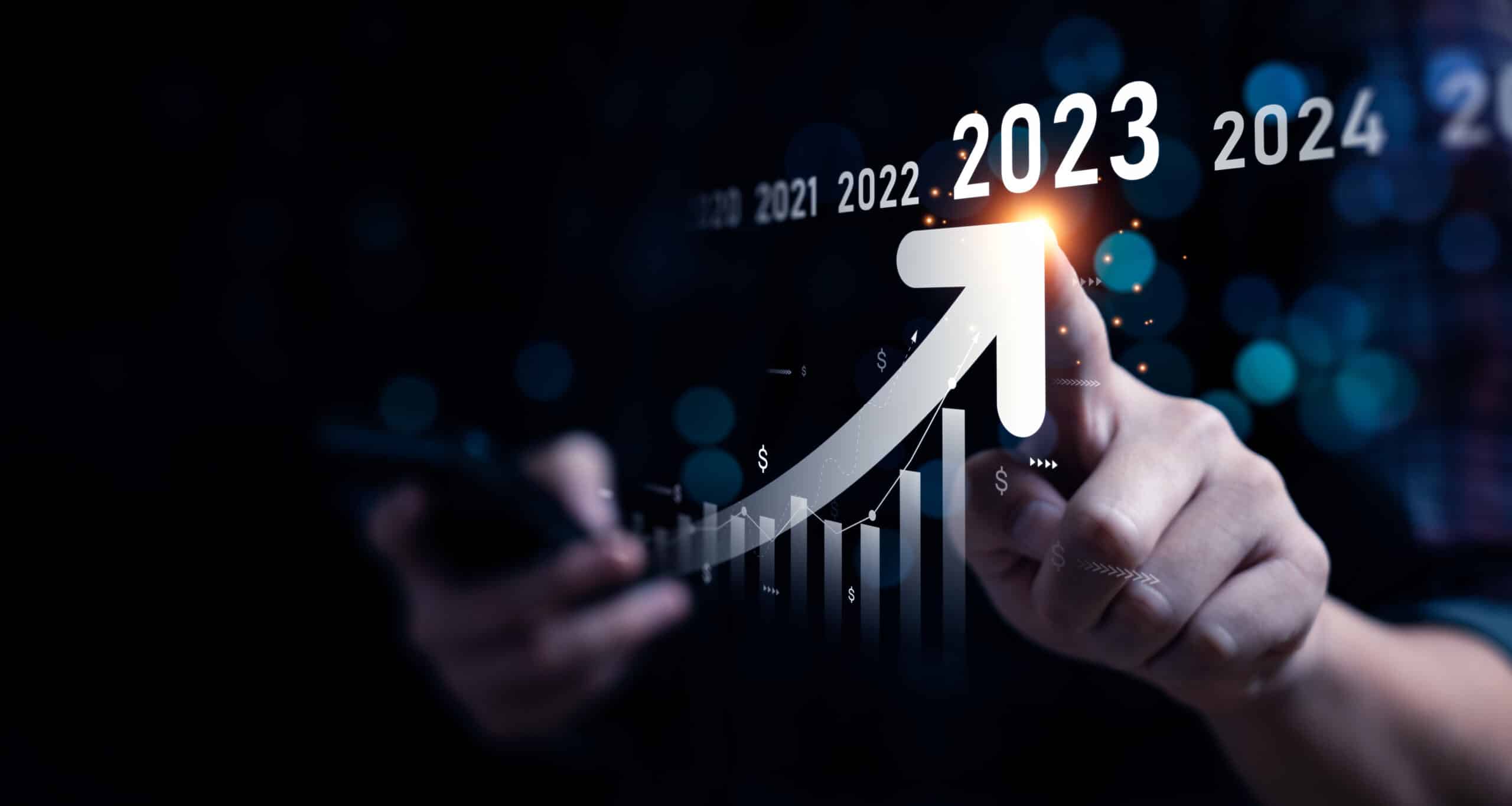 Business growing in 2023. Analytical businessman planning business growth 2023, strategy digital marketing, profit income, economy, stock market trends and business