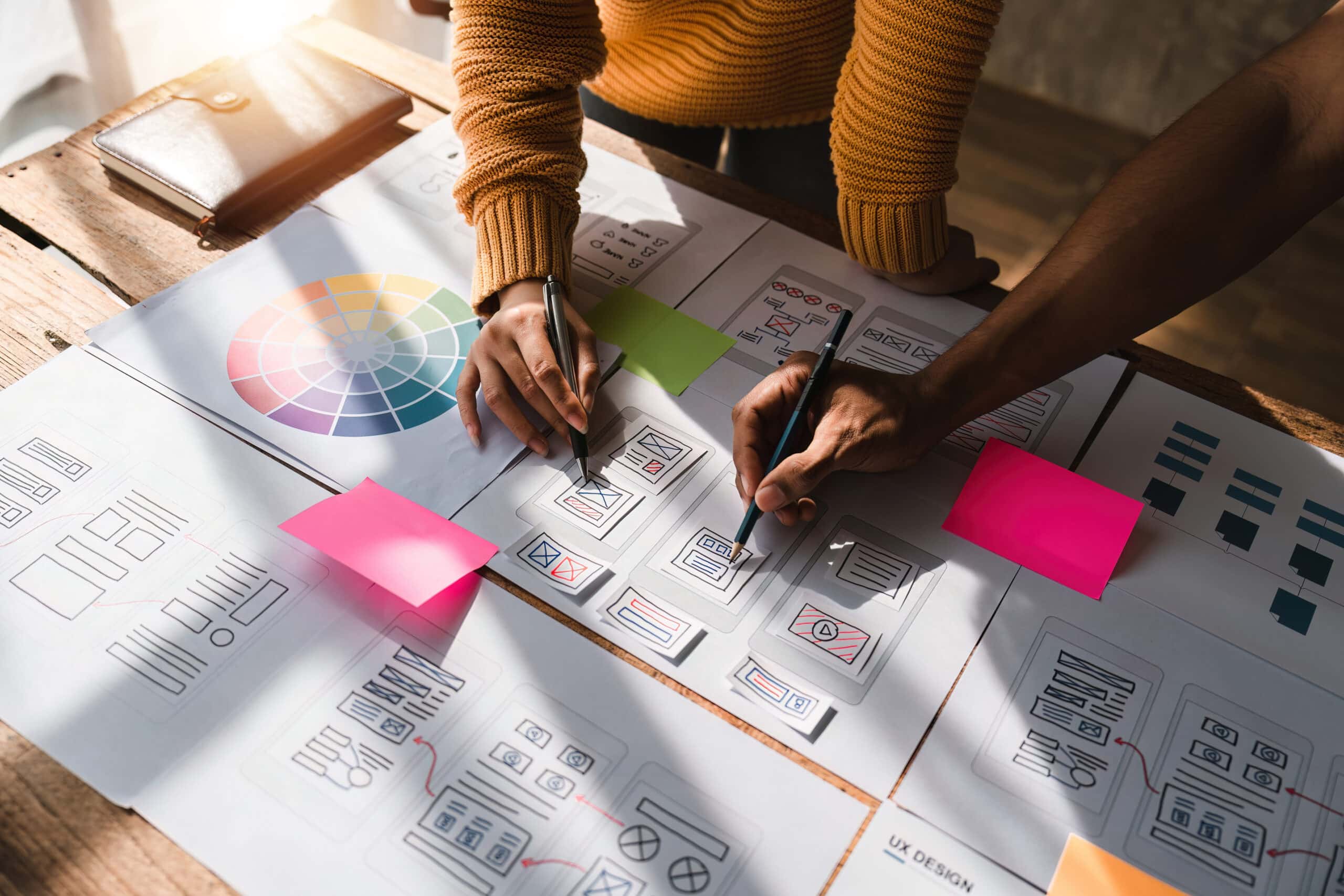 Brainstorm team of creative Web Graphic Designer planning, Group of asia mobile phone app developer team meeting for share ideas about screen prototype layout for smartphone, ui, ux startup small