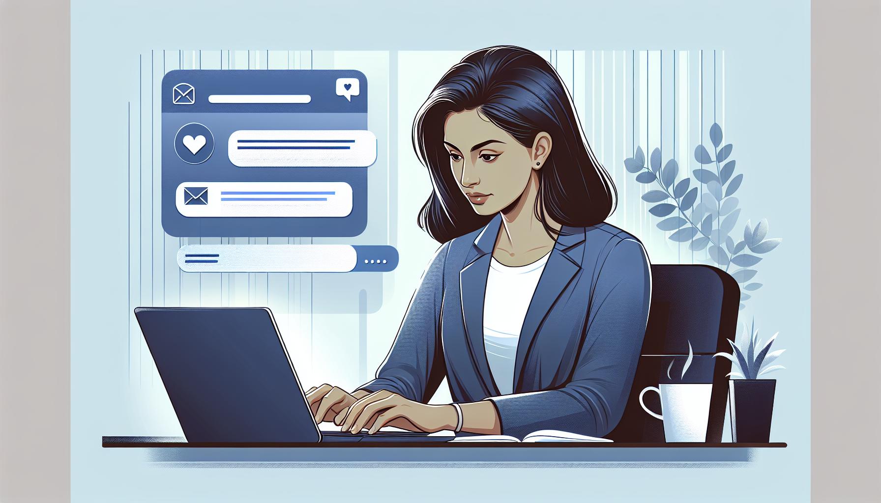 Stylized illustration of a woman working on a laptop with social media interface icons to the left, a cup of steaming beverage, and a potted plant on the desk. The setting suggests an office or home workspace.