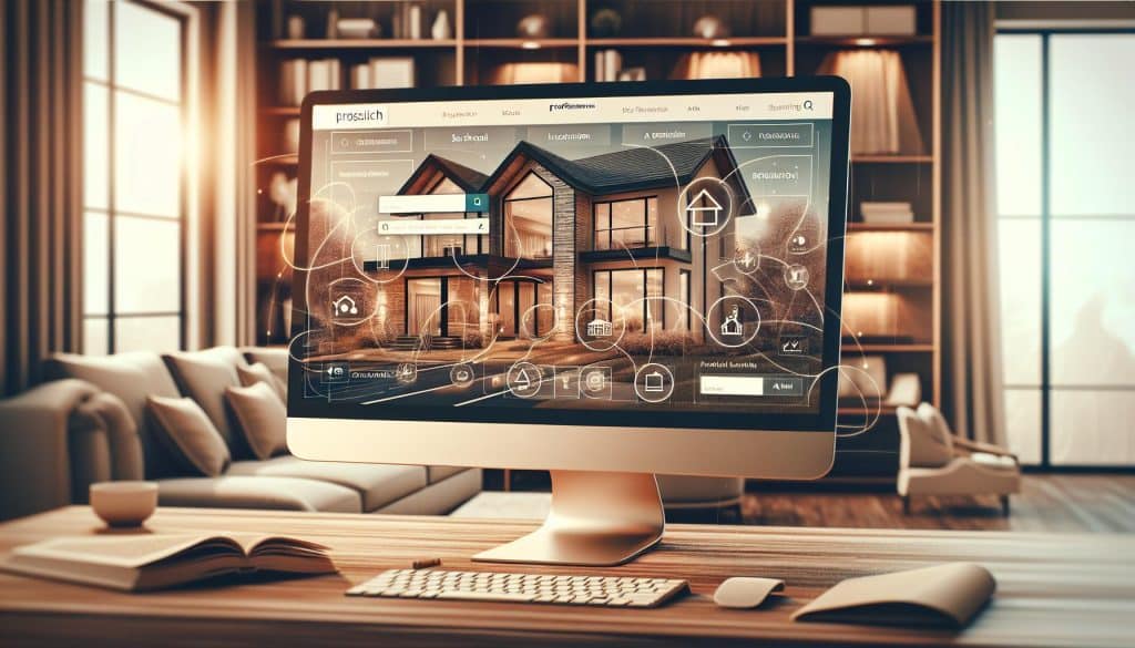 An image of a modern computer monitor on a desk displaying a smart home interface with various control icons. The monitor is in a cozy home office with bookshelves, a comfortable sofa, and large windows letting in natural light.