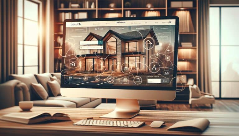An image of a modern computer monitor on a desk displaying a smart home interface with various control icons. The monitor is in a cozy home office with bookshelves, a comfortable sofa, and large windows letting in natural light.