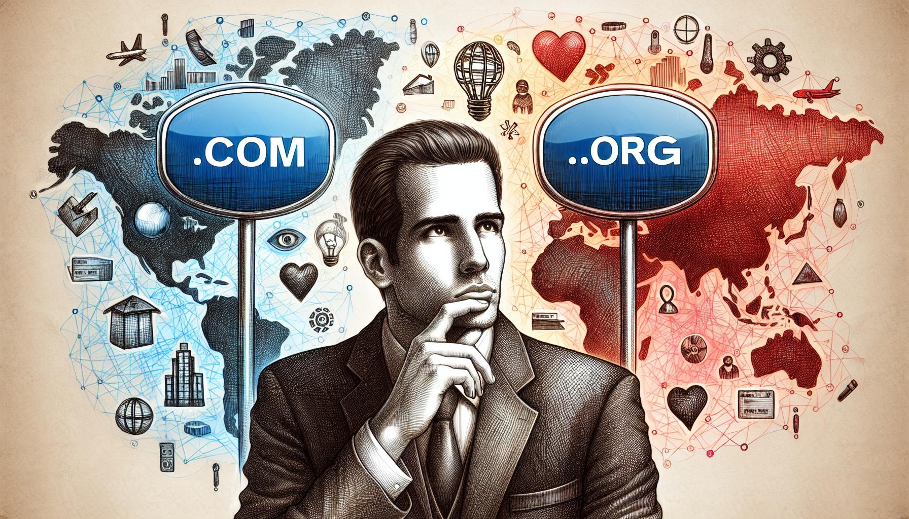 Illustration of a thoughtful man with two thought bubbles above his head. The left bubble is blue with ".COM" and contains various commercial icons like buildings and a plane, over a map background. The right bubble is red with "...ORG" and includes icons associated with community and charity, such as a heart and a lightbulb, over a map background.