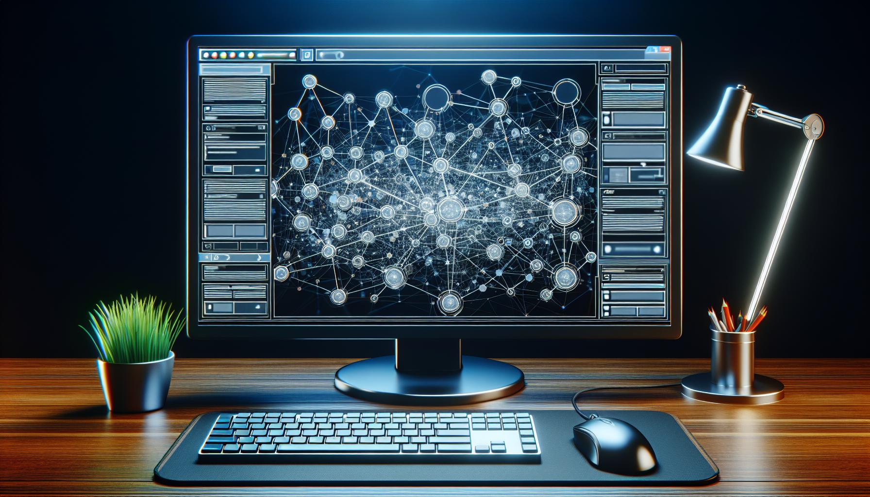 A modern computer setup with a screen displaying a complex network diagram, on a wooden desk illuminated by a sleek metallic desk lamp. To the side, there's a small potted plant and a cup filled with pencils.