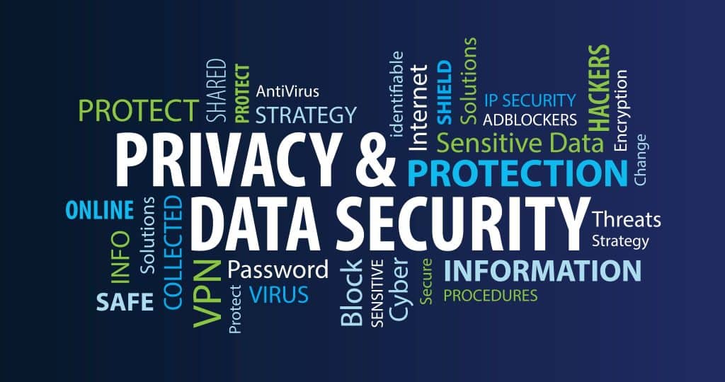 Infographic on Privacy & Data Security including terms adblockers, IP security, cyber, and shared.