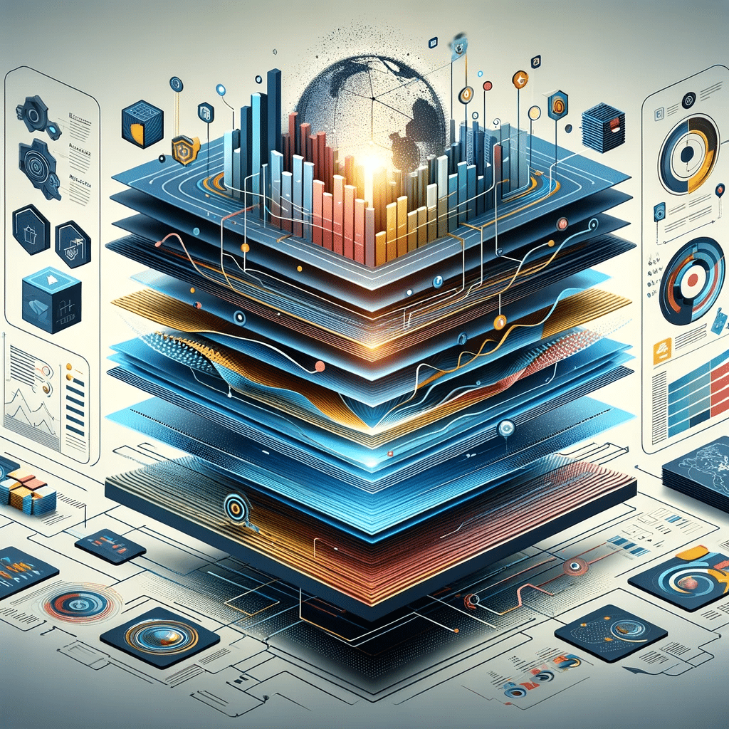 Complex digital illustration of a layered, three-dimensional data visualization structure with various colored bars representing analytics. It's surrounded by additional charts, graphs, and digital interfaces, suggesting an advanced data analysis concept.