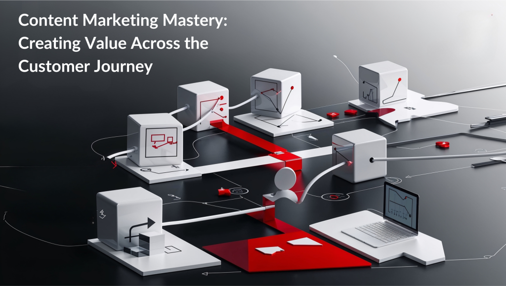 Diagram illustrating content marketing components with interconnected pathways and digital icons.
