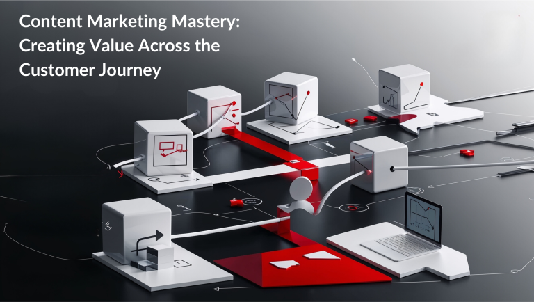 Diagram illustrating content marketing components with interconnected pathways and digital icons.