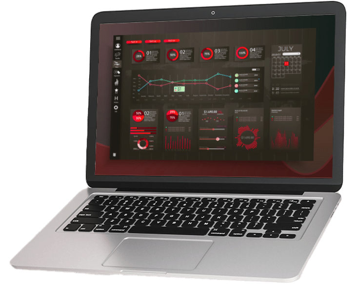 Transparent background image of an open laptop displaying a detailed red and black dashboard with various graphs, charts, and analytics data.