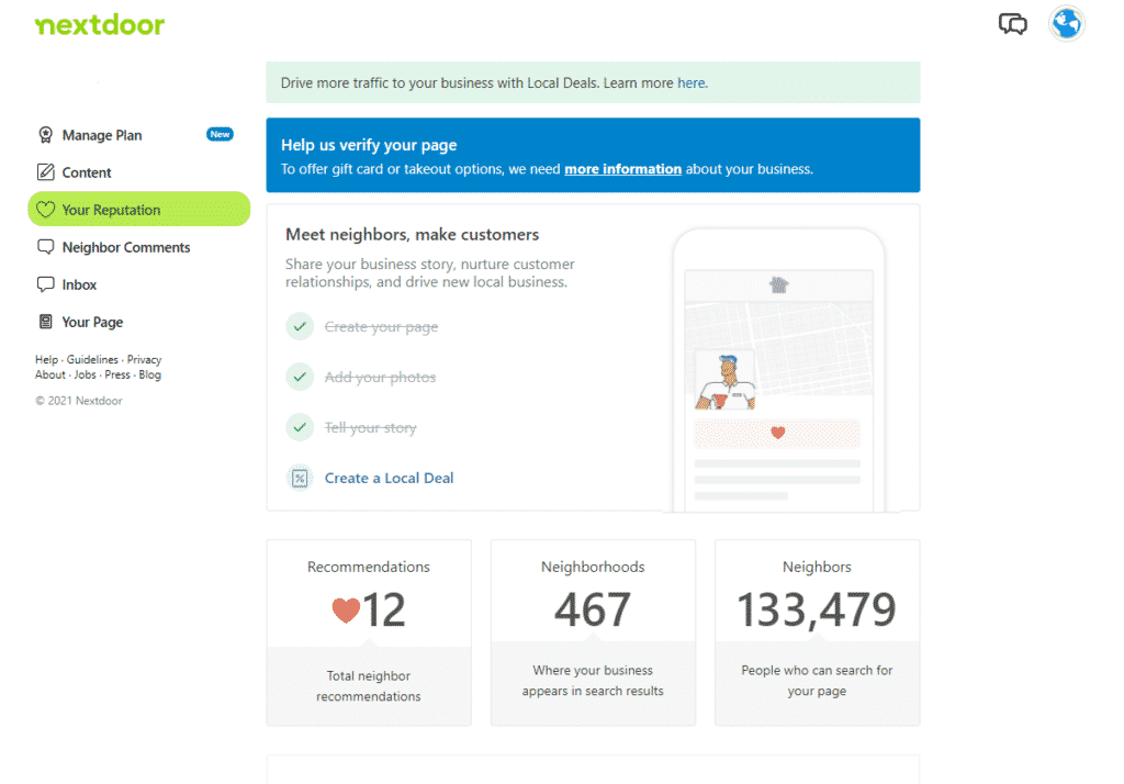 A screenshot of the Reputation section of Nextdoor Business