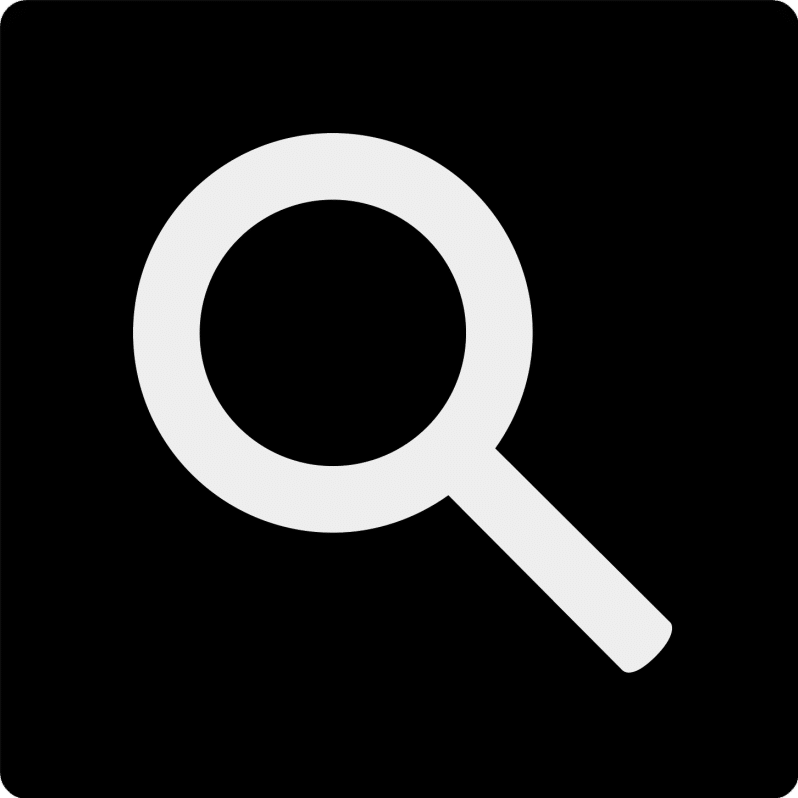 Icon of a white magnifying glass centered on a black background.