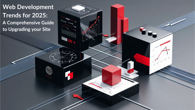 Futuristic digital cubes with graphs and data visualizations representing web development trends for 2025