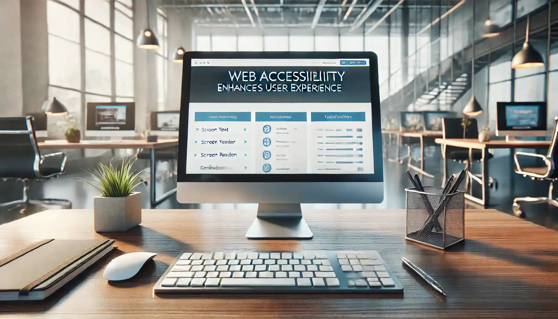 Hero image for a blog post about how web accessibility enhances user experience. It shows a modern office setting with a sleek computer on a desk, displaying accessibility features like large text and screen reader icons. An adaptive keyboard and mouse are on the desk, emphasizing the importance of inclusive design. The background is clean and minimalistic, reflecting a professional and accessible web design approach.